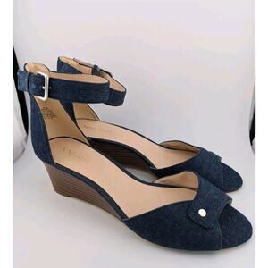 Nine West 9.5 Denim Wood Wedge Heels Low Blue Jean Brown Brown